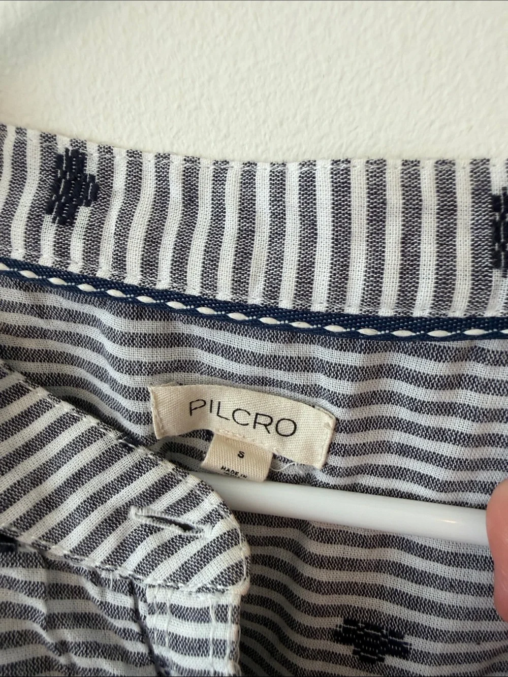 Anthropologie Navy and White Striped Embroidered Drawstring Blouse
